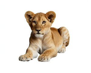 Obraz premium Young lion cub lying down with light brown fur and dark stripes on a white background animal wildlife