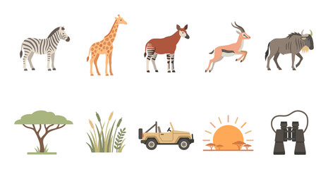 Fototapeta premium African safari animals and elements collection featuring a zebra, giraffe, okapi, gazelle, wildebeest, jeep, binoculars, and sunset.