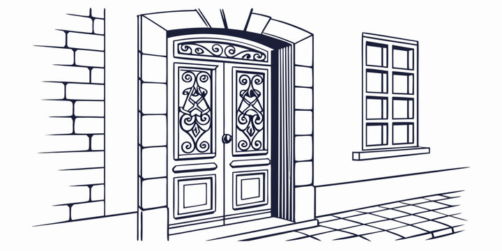 A drawing of a building with a double door and a window beside it.