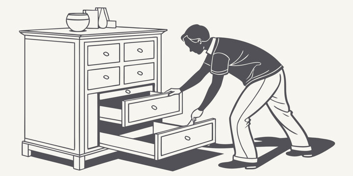 A person is bending over to open the bottom drawer of a wooden dresser.