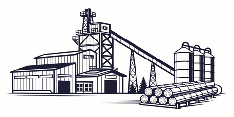 A detailed illustration of an industrial factory with storage silos and barrels © AD