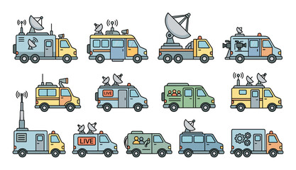 Naklejka premium Collection of specialized media broadcasting vehicles featuring satellite dishes and antennas for news reporting and live event coverage.