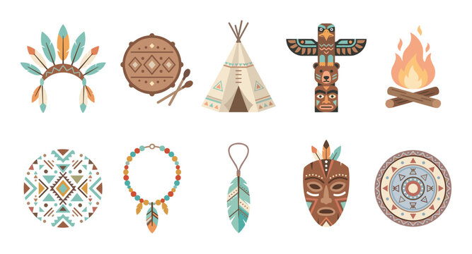 Indigenous cultural elements and symbols are depicted in a flat design style, showcasing traditional items like a totem pole, teepee, drum, and feathered headdress.