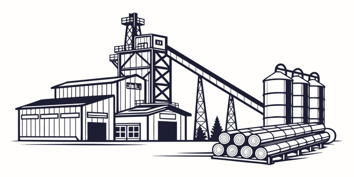 A detailed illustration of an industrial factory with storage silos and barrels