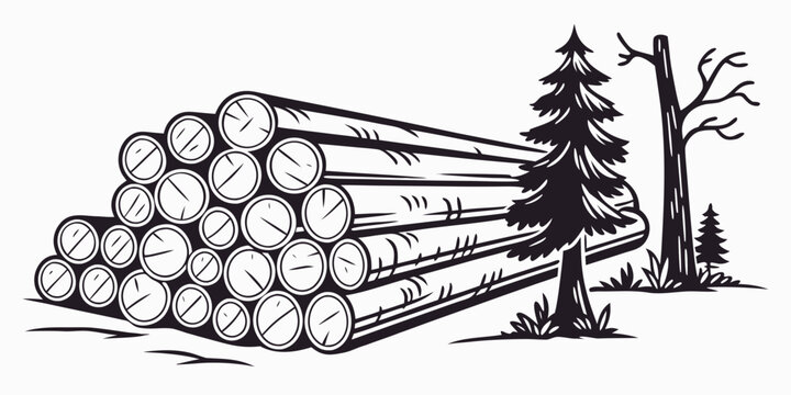 A large stack of logs neatly arranged in a forest setting with trees in the background