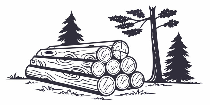 Stack of logs in a serene forest setting with tall pine trees in the background