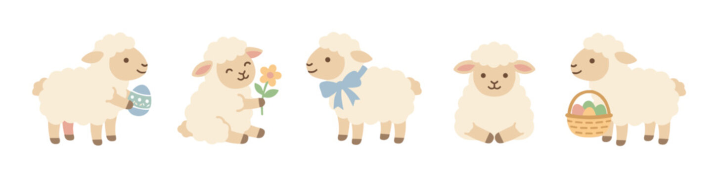 Cute cartoon sheep characters are celebrating spring and Easter with flowers, eggs, and sweet expressions in a charming illustration.