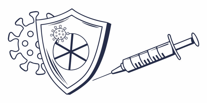 Illustration of a shield with a vaccine symbol and a syringe.
