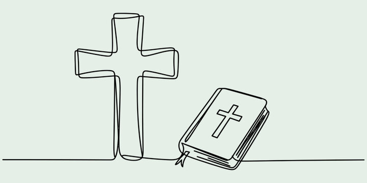 Continuous line drawing of a christian cross and holy bible book on a plain background