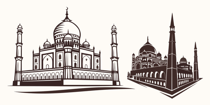 The taj mahal and a mosque in black and white