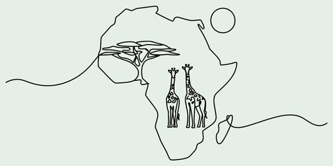 Continuous line art illustration of the african continent with giraffes and acacia trees. Vector, illustration © Creative_Outline2019