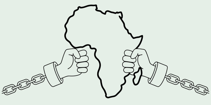Symbolic illustration of two handcuffed hands breaking apart the continent of africa with chains Vector, illustration