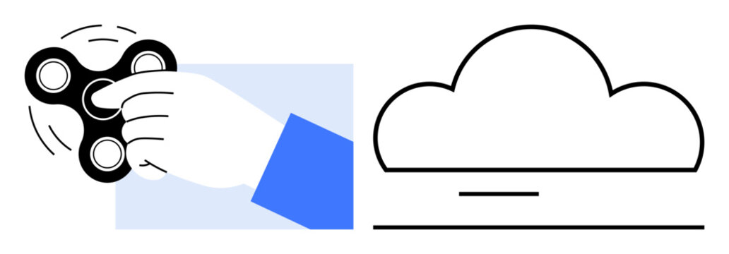 Stress relief, mindfulness, cloud storage, digital connectivity, productivity, relaxation. Hand holding a fidget spinner, minimal cloud drawing. Stress relief and mindfulness concept