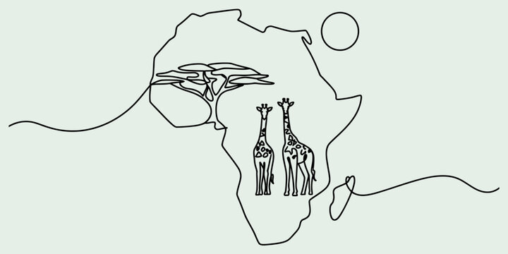 Continuous line art illustration of the african continent with giraffes and acacia trees. Vector, illustration