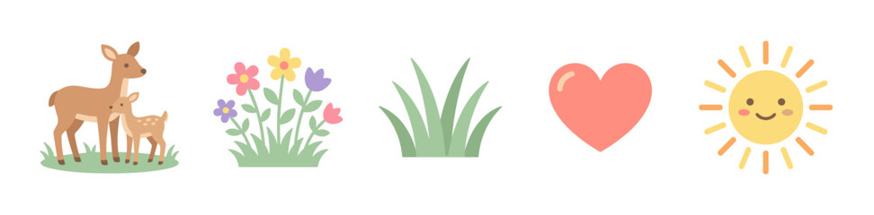 Obraz premium Adorable nature icons set with deer, colorful flowers, green grass, a red heart, and a smiling sun in a charming flat design style.