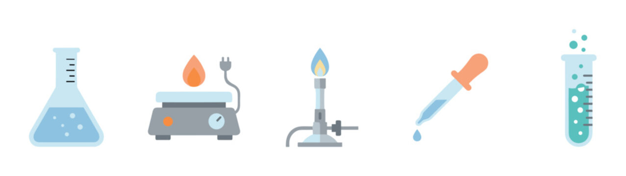 Laboratory science equipment icons illustrating essential tools for chemical research and experiments in a clean, modern flat design.