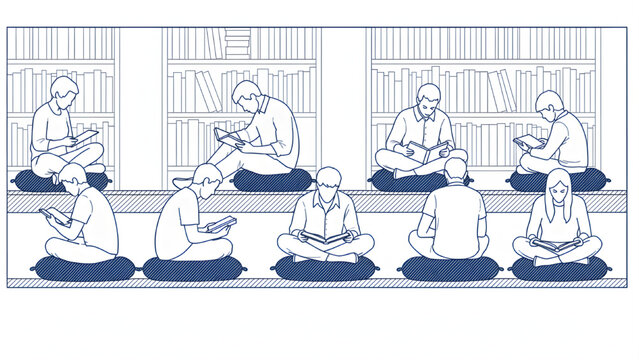 Library Reading Human Scale Figures, People Sitting on Floor Cushions, Studying, AutoCAD Blueprint Elevation, Thick Line Drawing