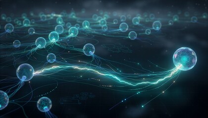 Obraz premium A network of glowing spheres connected by energetic lines, representing data transfer and advanced technology. The spheres are connected by an electrical arc