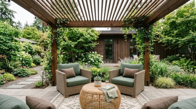Cozy outdoor living space with a wooden pergola and lush green garden