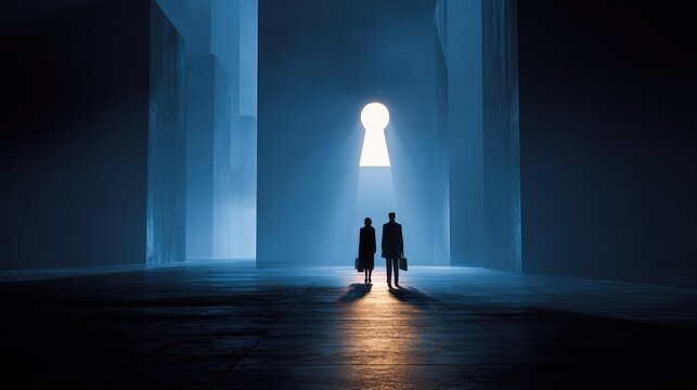 Business figures approach a massive illuminated keyhole exit symbolizing opportunity and breakthrough