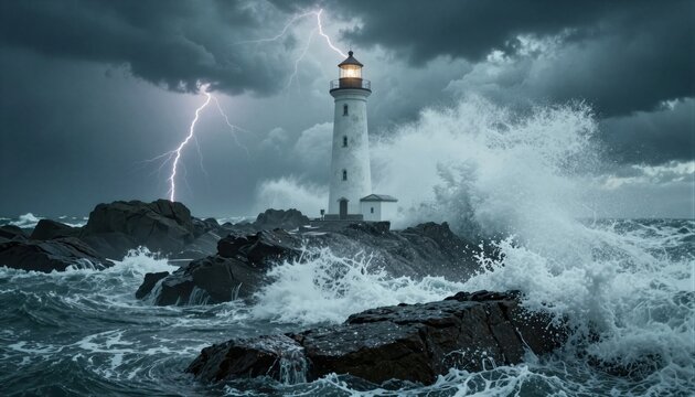 Un faro imponente resiste la furia de una tormenta en alta mar.