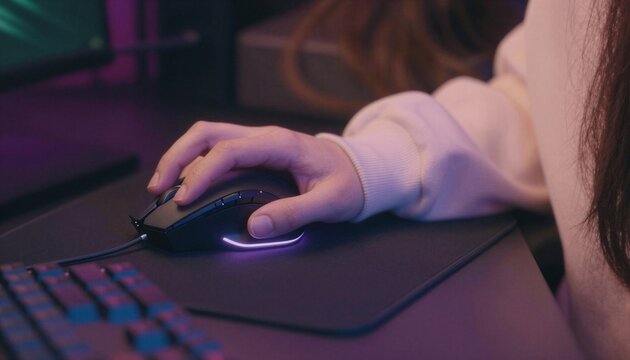 Una mano sosteniendo un rat&oacute;n para juegos con iluminaci&oacute;n ambiental p&uacute;rpura, simbolizando el control y la inmersi&oacute;n en el mundo digital.
