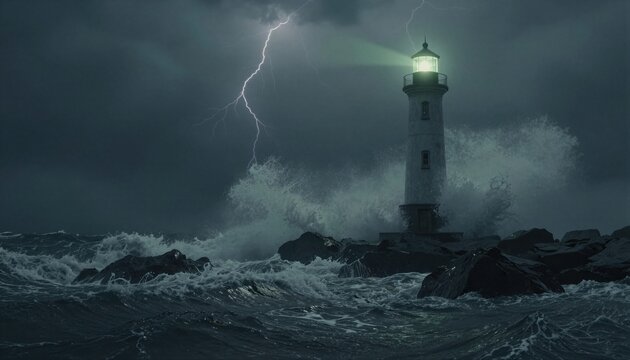 Un faro imponente desaf&iacute;a la furia de una tormenta en alta mar.