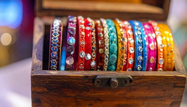 Wooden box filled with rows of vibrant bangles made of metal and glass, decorated with beads, stones, and intricate patterns, colors including blue, red, green, yellow, and gold, softly glowing lights