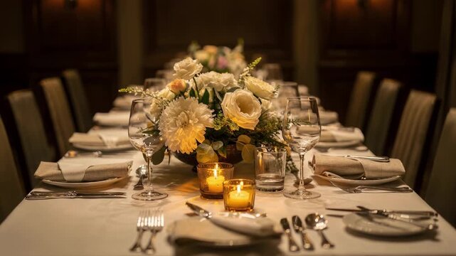 Warm private dining room with elegant table setup for a corporate celebration main focus on centerpiece softly blurred background ambiance.