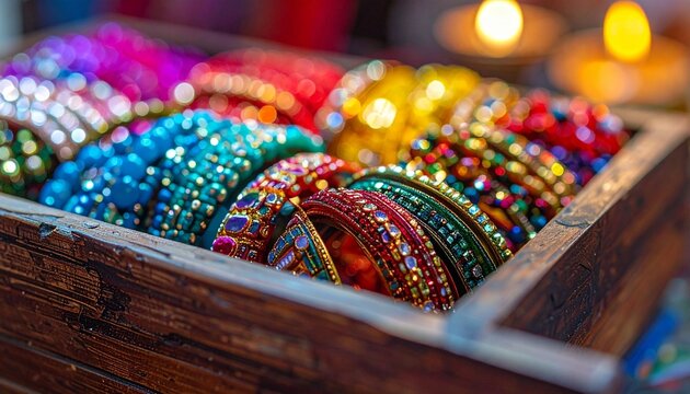Wooden box filled with rows of vibrant bangles made of metal and glass, decorated with beads, stones, and intricate patterns, colors including blue, red, green, yellow, and gold, softly glowing lights