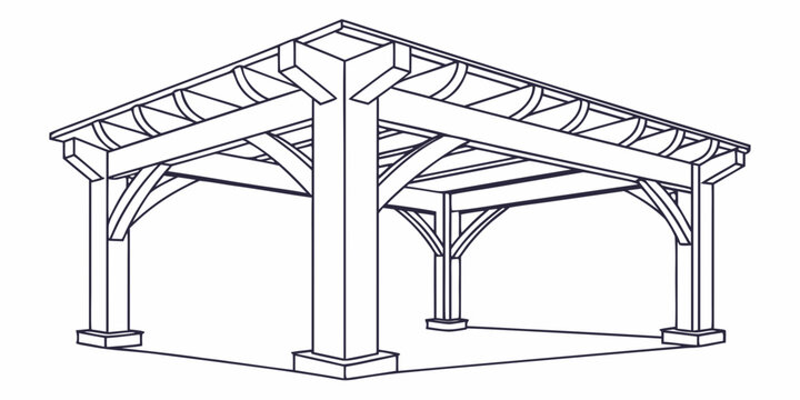 A detailed architectural drawing of a wooden pavilion with intricate roof design.