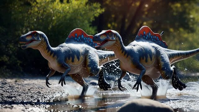 Spinosaurus dinosaurs running through river water in wild nature. Prehistoric predators walking in shallow stream. Jurassic period wildlife and ancient ecology.