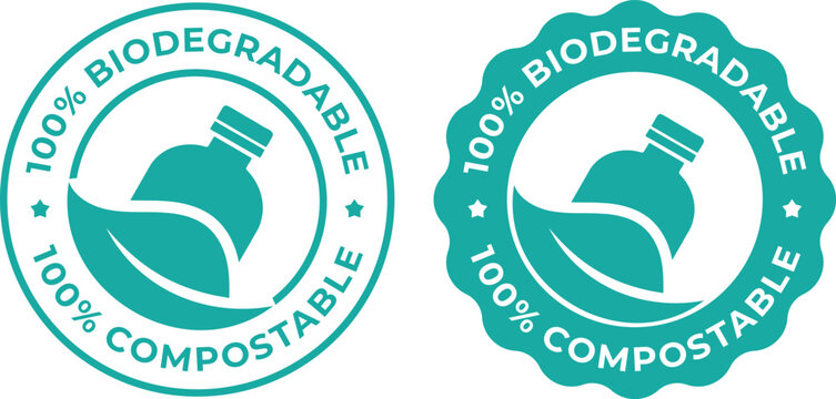 Biodegradable compostable badge 100 percent eco friendly label green packaging seal vector set