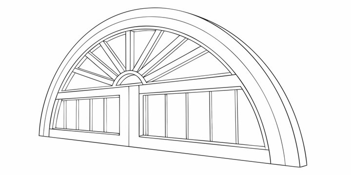 A detailed line drawing of a large, arched window with multiple panes