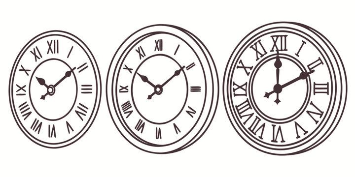 Three vintage clocks with roman numerals and intricate designs on a white background