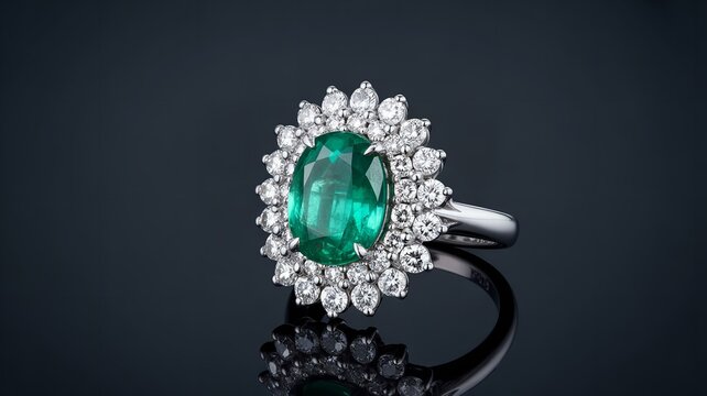 Luxury emerald and diamond ring on black reflective surface