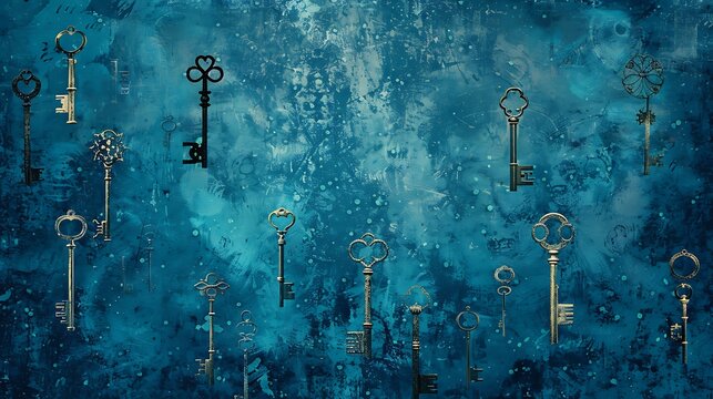 Various old skeleton keys on a blue background with a vintage texture