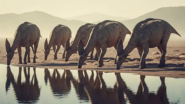 Herd of herbivorous hadrosaur dinosaurs drinking water from a lake in arid landscape. Prehistoric life in jurassic period. Ancient animal migration in desert.