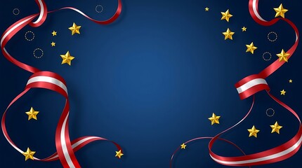 Fototapeta premium Patriotic ribbon and golden stars festive frame on blue background