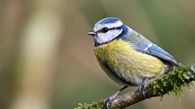 Vibrant Blue Tit perched on mossy branch, showcasing striking blue and yellow plumage. Detailed close-up of this beautiful small songbird in its natural habitat