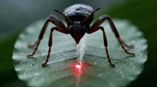 Futuristic robotic ant standing on a wet leaf with a laser beam