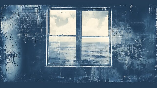 A weathered window frames a serene ocean view with cloudy skies outside on a rugged wall