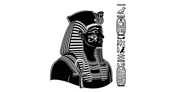 A black and white graphic illustration featuring an ancient egyptian pharaoh with hieroglyphics