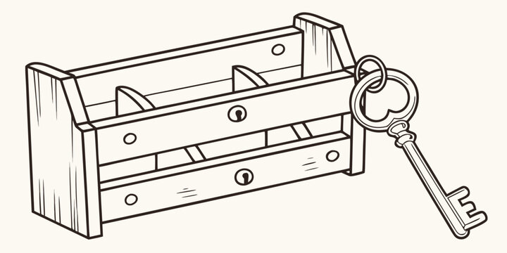 An old wooden toolbox with a large key resting on top of it.