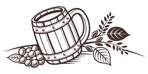 A wooden tankard filled with beer accompanied by a sprig of leaves and berries © Gf