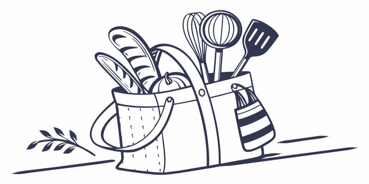 A basket filled with various kitchen utensils and a loaf of bread.