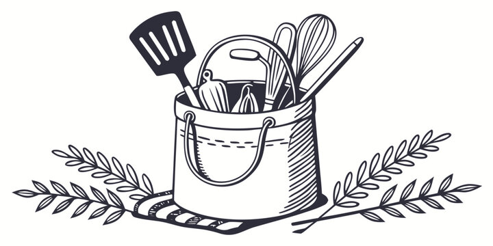 Assorted kitchen utensils in a bucket surrounded by decorative leaves