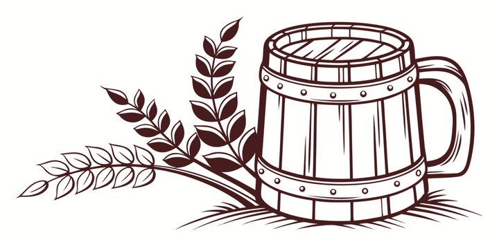 A rustic wooden barrel with wheat stalks and a mug, evoking a sense of brewing and harvest.