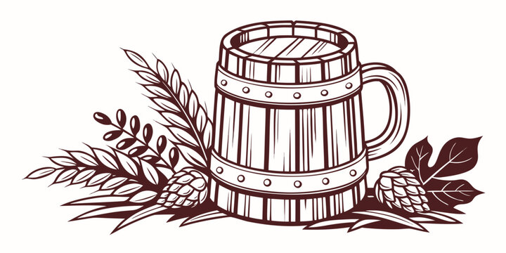 A rustic wooden mug filled with frothy beer surrounded by hop leaves and barley.