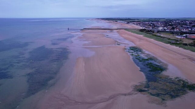 Aerial view of the sunset over Juno Beach toward Courseulles sur Mer